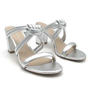 Stuart Weitzman Twist 75 Knot Block Heel Sandal Metallic Silver Leather Size 7.5